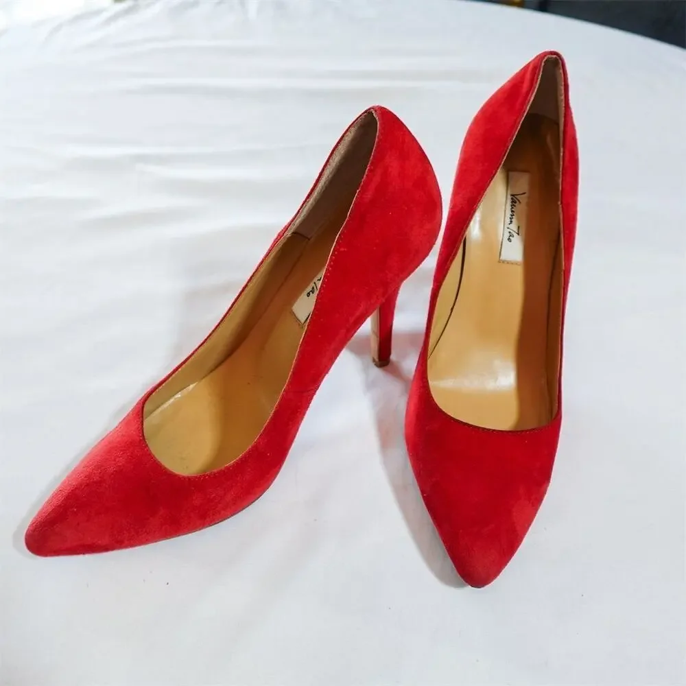 Anthropologie Vanessa Tao Pointed Toe Pumps Size 38 7.5 Red Suede Leather Heels‎